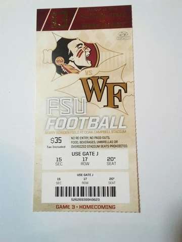 2016 Florida State Seminoles Wake Forest Football Ticket Stub Cover