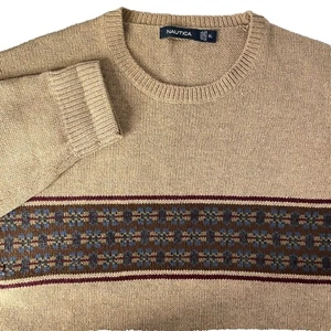 Nautica Wool Blend Crewneck Nordic Fair Isle Sweater Men's XL Beige - Picture 1 of 7