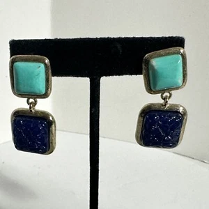 Vintage Monet Dangle Earrings Faux Turquoise & Lapis Lazuli Square Cabochons - Picture 1 of 4