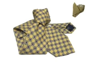 Cravate Laine Homme Jaune Avec Dessins Beige Bleu Et Dispo Assortie Mouchoir - Imagen 1 de 3