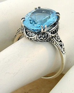 GENUINE 6 CARAT BLUE TOPAZ 925 STERLING SILVER NOUVEAU ANTIQUE STYLE RING   #972 - Picture 1 of 4