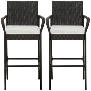 Rattan Bar Stools Set Outdoor High Back Bar Counter Chairs W/ Cushions Set of 2 - Picture 1 of 11