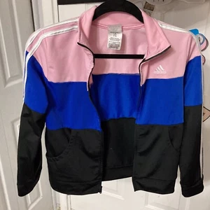ADIDAS GIRLS ZIP UP TRACK JACKET L Pink Blue Black Youth Sport Stretch - Picture 1 of 3