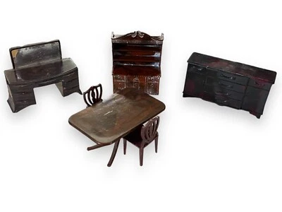 Vintage Dollhouse Kitchen Furniture Table Chairs China Cabinet Renwal Lot - Image 1 of 3