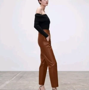Zara Women’s Faux Leather Brown High-Waisted Trousers Size M - Picture 1 of 9