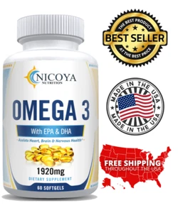 Omega 3 Fish Oil Capsules Triple Strength Joint Support 1920 mg EPA & DHA - Picture 1 of 12