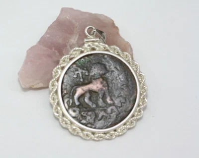 Antigua moneda romana Alejandro Hércules León Bronce Plata 925 Colgante Cuerda Bisel Foto 1 de 4