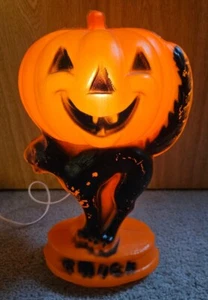 Vintage Halloween Trick Treat Black Cat Pumpkin Jack O Lantern Blow Mold 15" - Picture 1 of 5