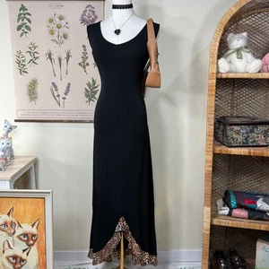 Vintage 90s Y2k Black Asymmetric Leopard Ruffle Trim Maxi Dress Mob Wife Sexy L - Picture 1 of 6