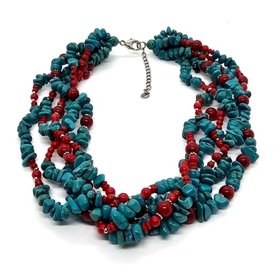 Ожерелье из чистого серебра с бирюзой и кораллами 5 нитей длина 18-20 дюймов с подписью LUC - Изображение 1 из 4