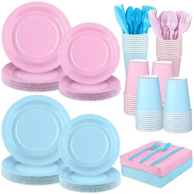 216 PCS Gender Reveal Party Tableware Set Serves 24 Pink Blue Plates Napkins - Image 1 of 4