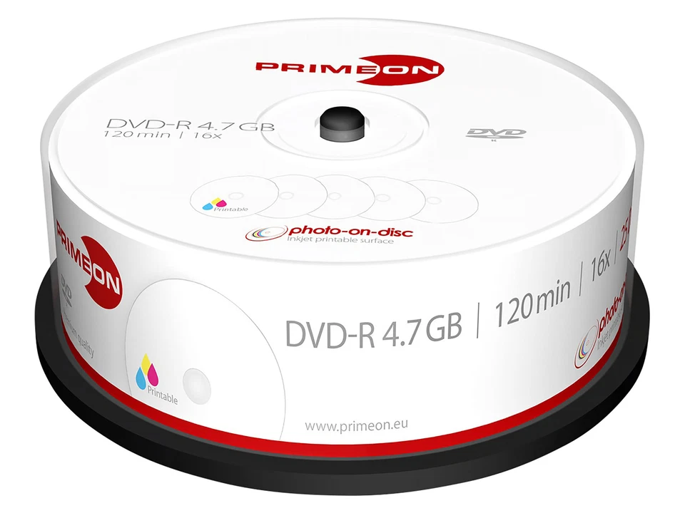 PRIMEON DVD-Rohling DVD-R 120Min 4.7GB 16x Cakebox 25 Stück printable - Bild 1 von 1