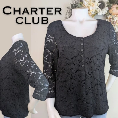NUEVO Top Charter Club Henley XL Negro Encaje Transparente Superposición Manga 3/4 Cuello Redondo Foto 1 de 4