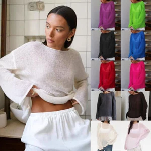 Women's See Through Knitted Loose Long Sleeve Jumper Pullover Sweaters Tops Size - Picture 1 of 48
