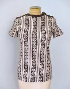 Vtg 60s 70s Brown Stripe Knit Top Nautical Navigation Ship Wheel Compass S/M - Picture 1 of 6