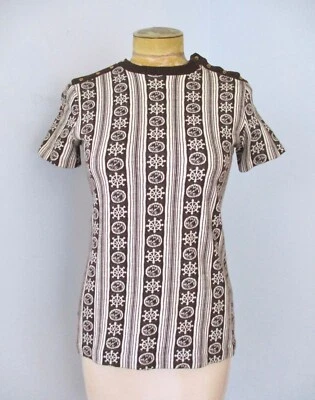 Vtg 60s 70s Brown Stripe Knit Top Nautical Navigation Ship Wheel Compass S/M - Image 1 of 4