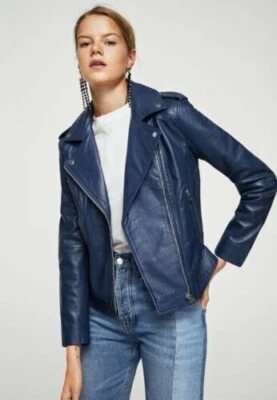 Womens blue Leather Jacket Biker Moto Lambskin Size S M L XL XXL 3XL Custom Fit - Image 1 of 4