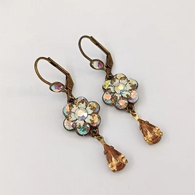 Pendientes Michal Negrin Vintage AB & Champagne Cristales Flor Cuelga Shabby Chic Foto 1 de 4