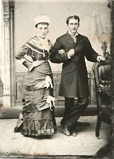 Antique Tintype Wedding Photo Bride & Bridegroom 1870-80s Lovely Fringed Dress