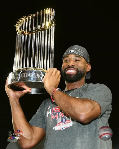 Boston Red Sox JACKIE BRADLEY JR. HOLDING 2018 WORLD SERIES TROPHY 8x10 Photo Cover
