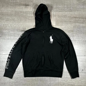 Polo Ralph Lauren Hoodie Men's M Black Full Zip Hooded Arm Spellout - Picture 1 of 8