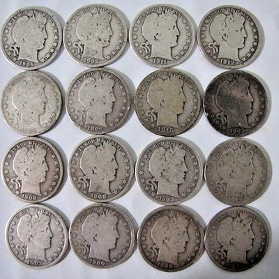 Лот из 16 серебряных полудолларов Барбера 1897-1915 гг. 50 центов тип США монеты хорошее состояние или лучше - Изображение 1 из 2