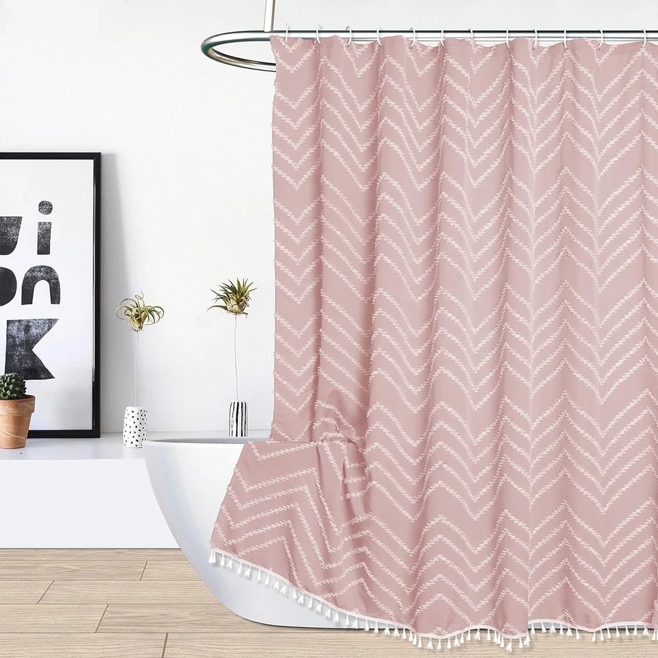 Cortina de Ducha Texturizada Chevron Rosa - 72x78 Borla Borla Boho Baño Decoración Foto 1 de 4