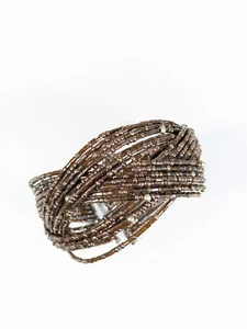 Brown Glass Bead Braided Tribal Style Wide Open Cuff Bracelet 7.25 inches - Picture 1 of 5