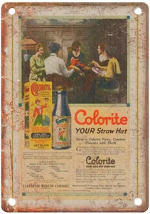 Letrero de metal vintage 1920 COLORITE tintes de tela para sombreros de paja anuncio aspecto retro ZF238 - Imagen 1 de 2