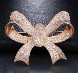 3Ct Round Cut Lab Created Diamond Engagement Bow Brooch Pin 14k Rose Gold Plated - Picture 1 of 5