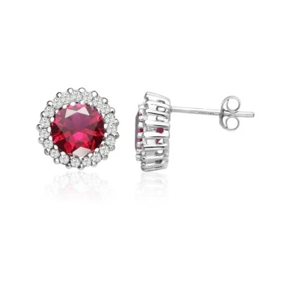 Round Halo Simulated Ruby & CZ Stud Earrings in Sterling Silver - Image 1 of 4