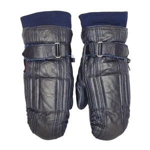 Vintage Kombi Leather Insulated Mittens Gloves Ladies Medium Navy Blue - Picture 1 of 6