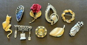 Lot Of 9 Vintage Crystal Rhinestone Enamel Brooch Pins Some Signed - Picture 1 of 9