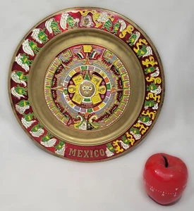 Mini Aztec Zodiac Copper Tone Multicolored Plate Wall Hanging Vintage Mexican - Picture 1 of 2