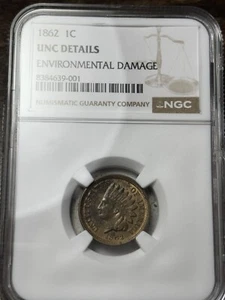1862 1C Indian Head Cent NGC UNC Details, Environmental Damage - Picture 1 of 3