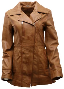 Femmes Fauve Cuir Nappa Long Motard Veste Avec - Picture 1 of 8