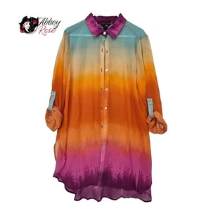 Slim Sation Shirt Dress Long Sleeves Gradient Oversized Color Sz XL Polyester - Picture 1 of 17