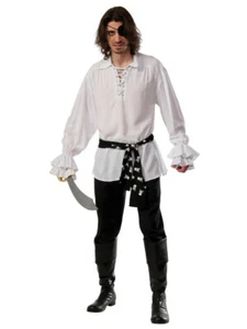 Pirate Shirt 2Pc Wht Collared V-Neck Grommet & Cord Ruffled Sleeve Costume Shirt - Picture 1 of 1