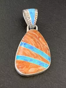 Women Orange Spiny Oyster & Blue Opal Navajo Sterling Silver Inlay Pendant 12486 - Picture 1 of 12