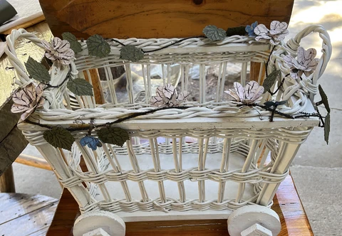 Rare Unique Vintage White Wicker Rolling Basket Cart Planter Storage Cover