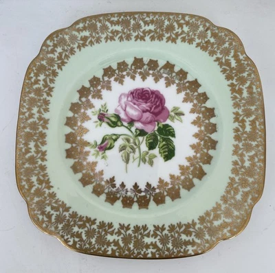 Vintage Windsor Side Plate VGC - Green and Gilt with Pink Rose. - Image 1 of 2