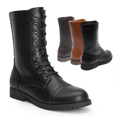 Mujeres Botas de tacón bajo a media pantorrilla Botas de combate con cordones Botas de equitación con cremallera de primavera Foto 1 de 4