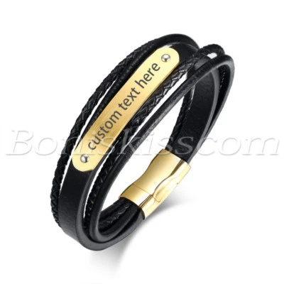 Personalized Mens Women Multilayer Braided Leather Stainless Steel Bracelet Cuff - Image 1 of 3