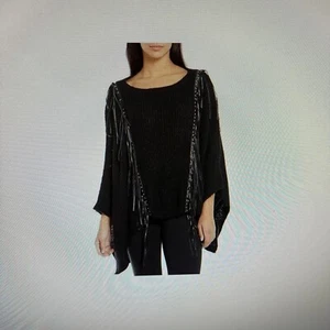 Calvin Klein Women’s Black Poncho Sweater Leather Tassels Size Large** - Picture 1 of 6
