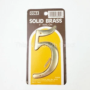 Vintage COLE Solid Brass #5 House Number 4” Nail-0n 03-6034 Sealed Traditional - Picture 1 of 5