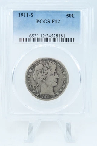 1911-S PCGS F12 Barber Half Dollar Business Strike 50C Cover