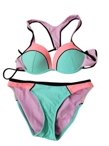 Vintage Y2K Bikini Swim S/M Colorblock Padded Top Racerback Mint Green Pink - Picture 1 of 6