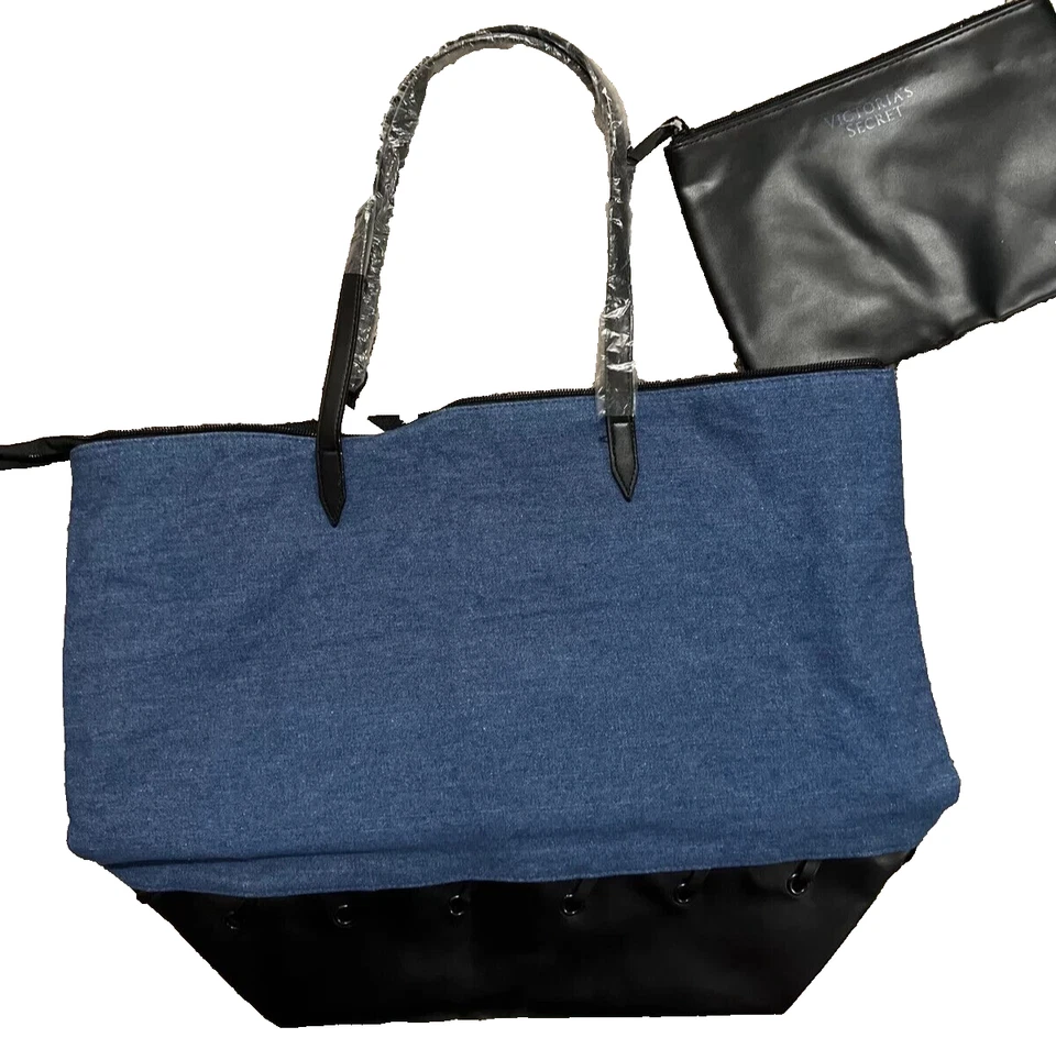 Victoria's Secret 2 PC Set Denim Blue Zip Tote Bag With Black Clutch Ship