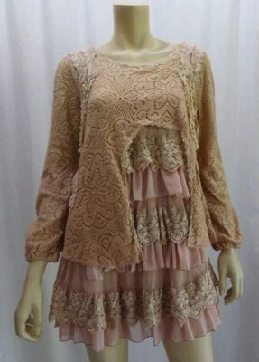 EAMZ 1058 HILOS SAGRADOS ARTÍSTICO LAGENLOOK Encaje en Capas Polvoriento Rosa Tostado Top/Camisa M Foto 1 de 4