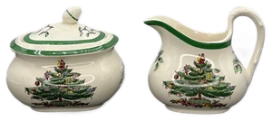 Crema y azucarero Spode árbol de Navidad con tapa Inglaterra de colección - Imagen 1 de 7